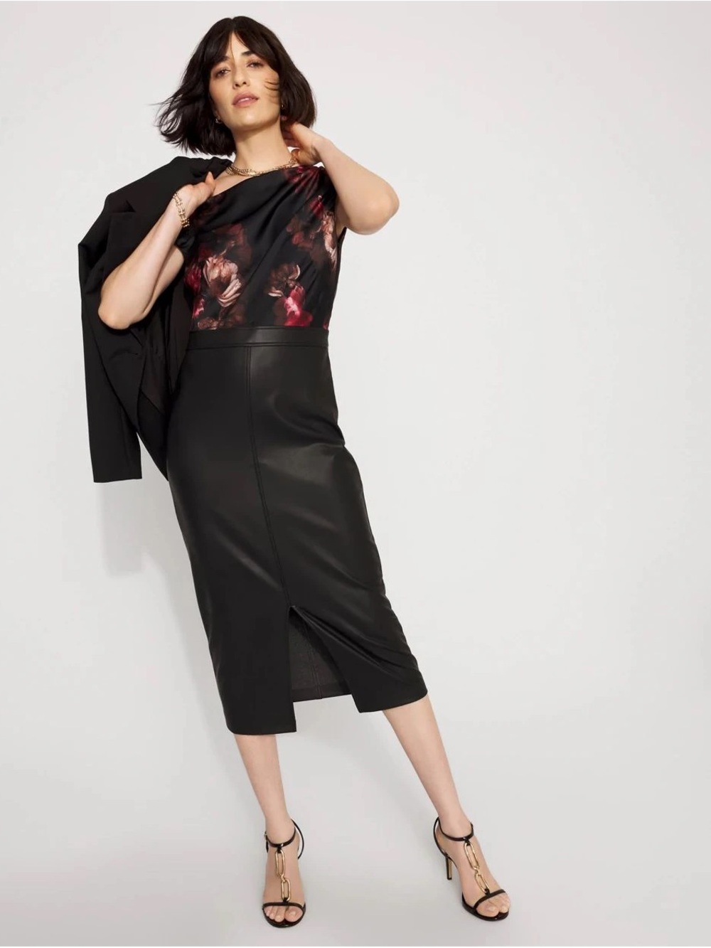 NWT White House Black Market Faux-Leather Midi Dress with Satin Bodice